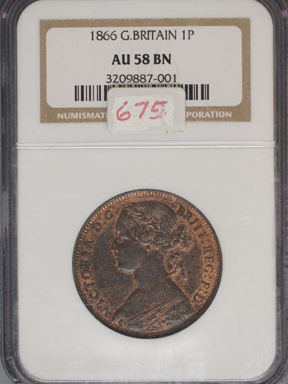 Great Britain 1866 Penny K-749.2 NGC AU58 BN