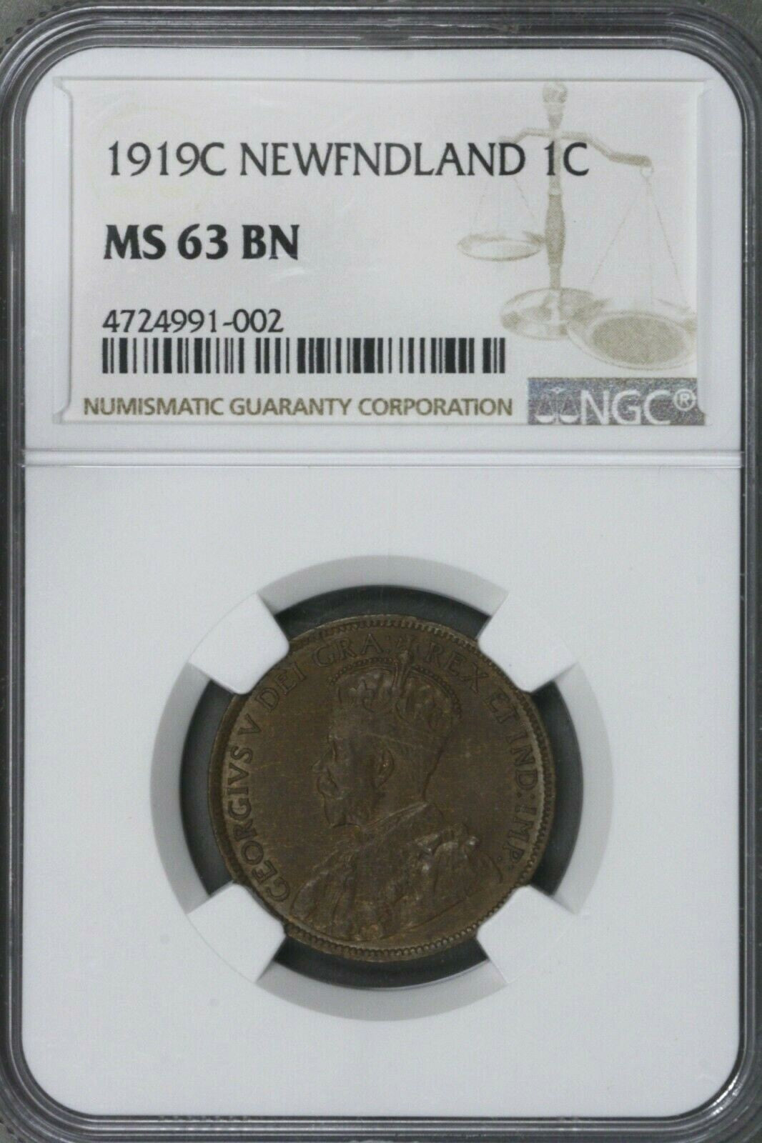 Canada Newfound Land 1919 Cent NGC MS 63 BN  S273