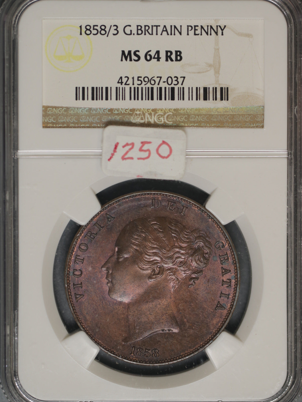 Great Britain 1858/3 Penny K-739 NGC MS64 RB