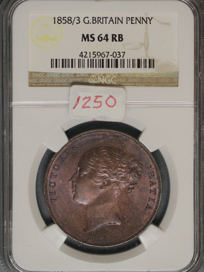 Great Britain 1858/3 Penny K-739 NGC MS64 RB