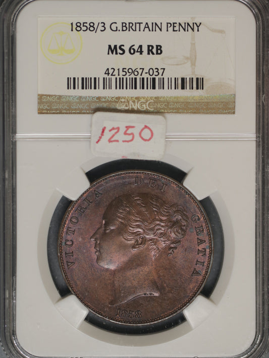 Great Britain 1858/3 Penny K-739 NGC MS64 RB
