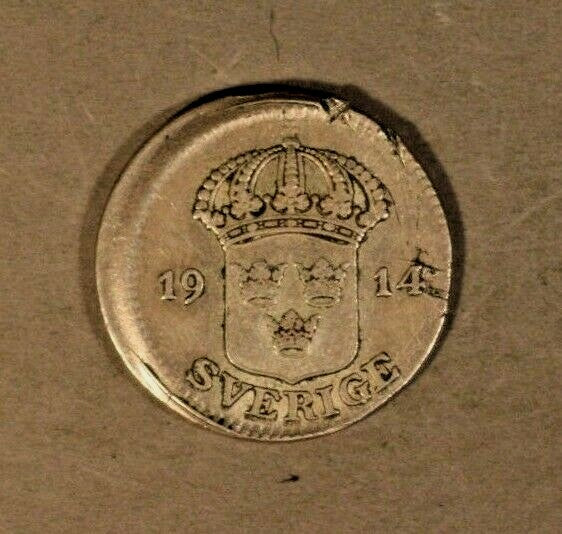 Error 1914 Sweden 25 Ore Silver High Grade Off Center Cupped 