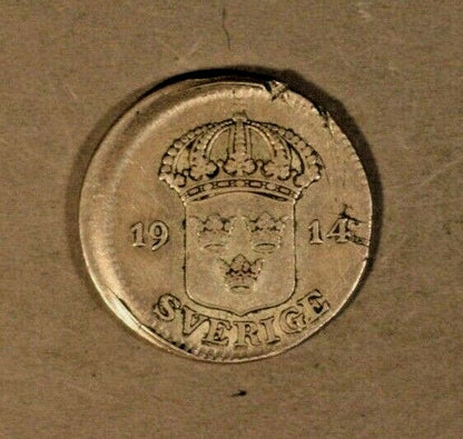 Error 1914 Sweden 25 Ore Silver High Grade Off Center Cupped 