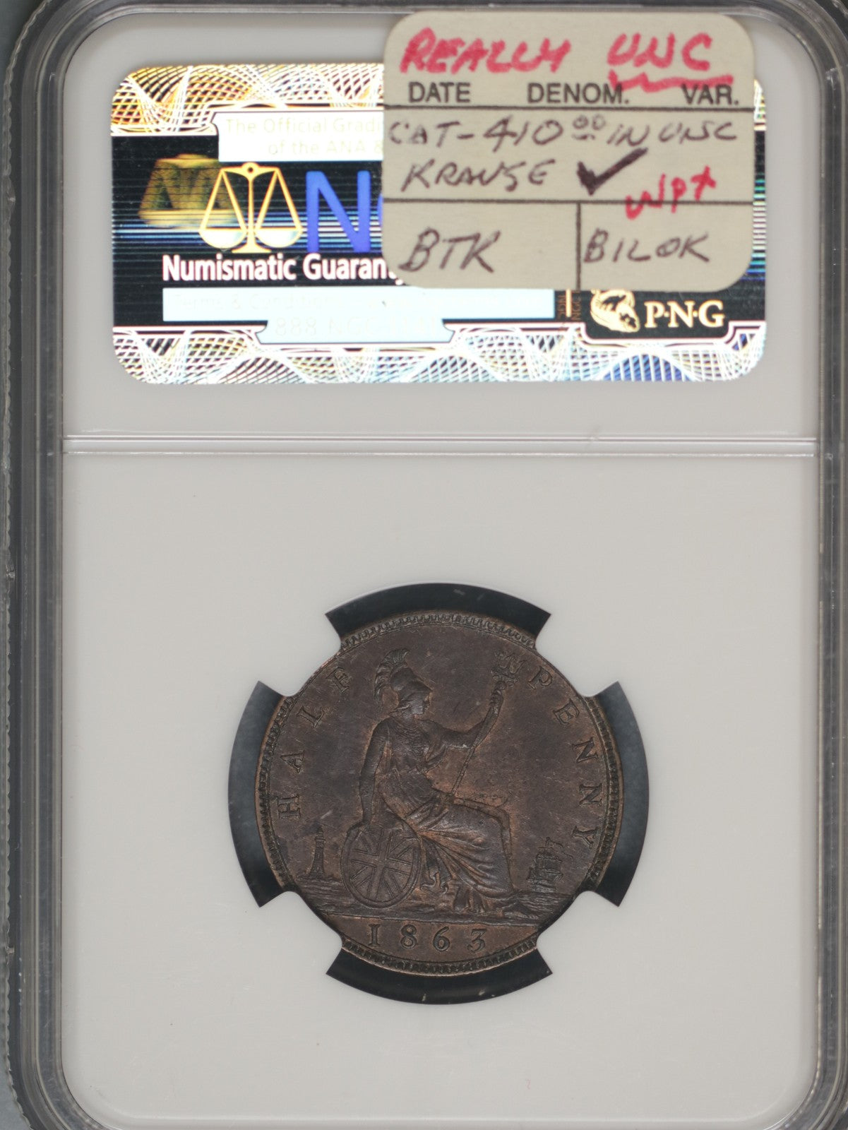 Great Britain 1863 1/2 Penny K-748.2 NGC AU58 BN LARGE 3