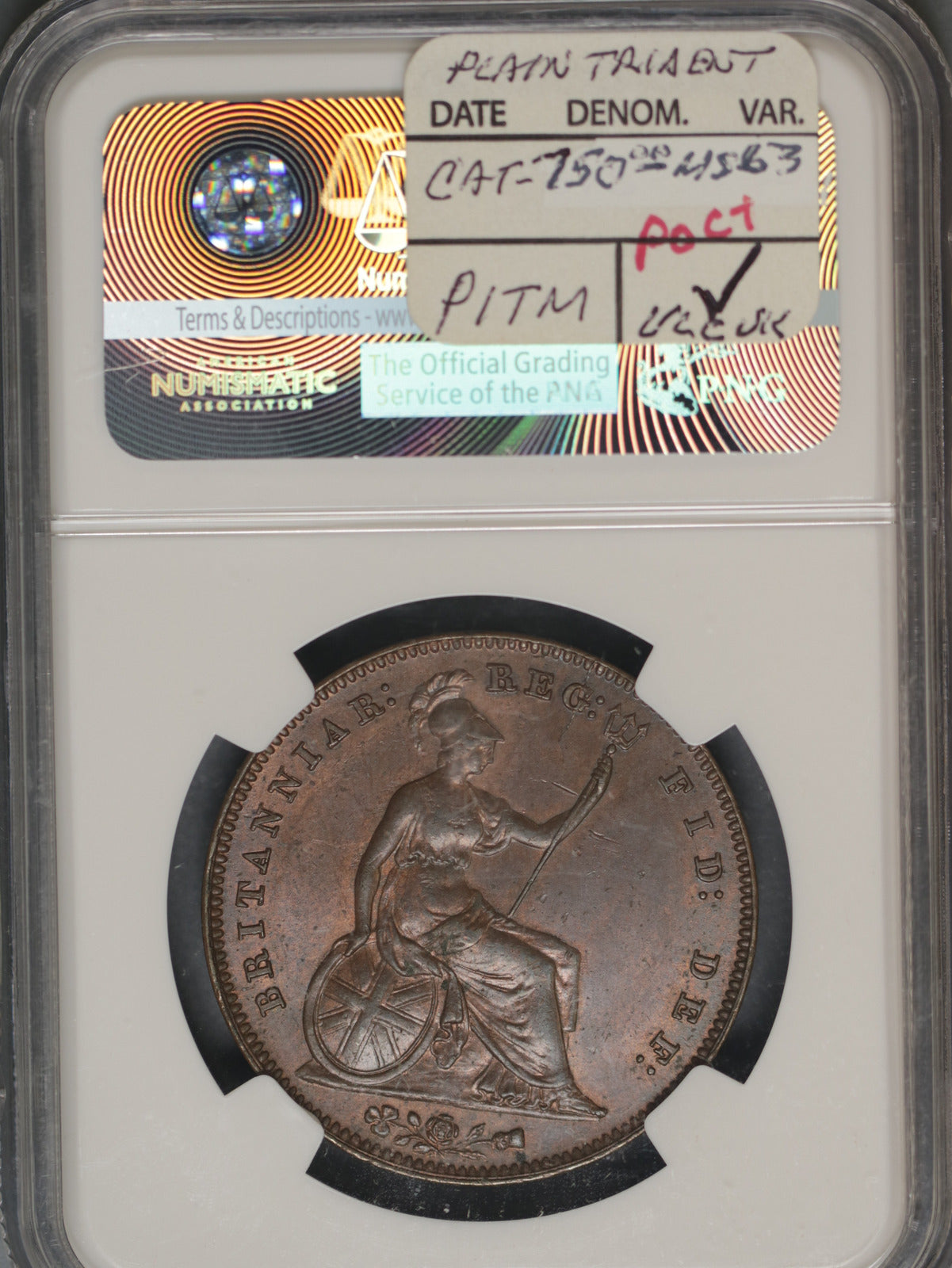Great Britain 1857 Penny K-739 NGC MS62 BN CLOSE COLON
