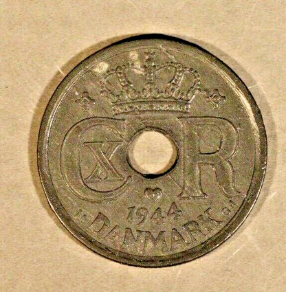 1944 GJ Denmark 25 Ore Zinc, High Quality 