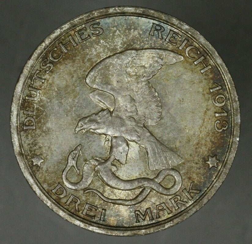Prussia 1913 Drei Mark 100th Anniversary Napoleon Defeat Silver Coin   A2607