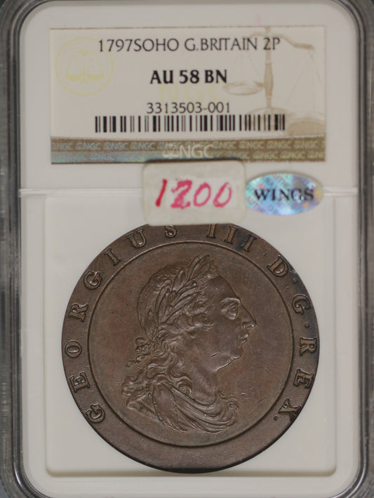 Great Britain 1797 2 Pence K-616 NGC AU58 BN WINGS