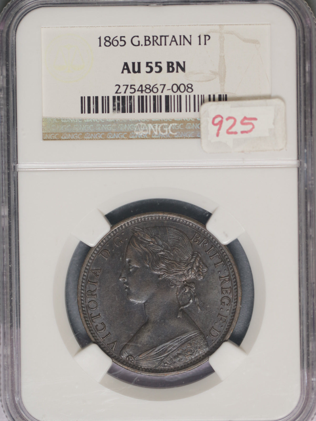 Great Britain 1865 Penny K-749.2 NGC AU55 BN