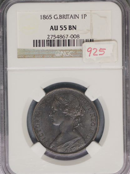 Great Britain 1865 Penny K-749.2 NGC AU55 BN