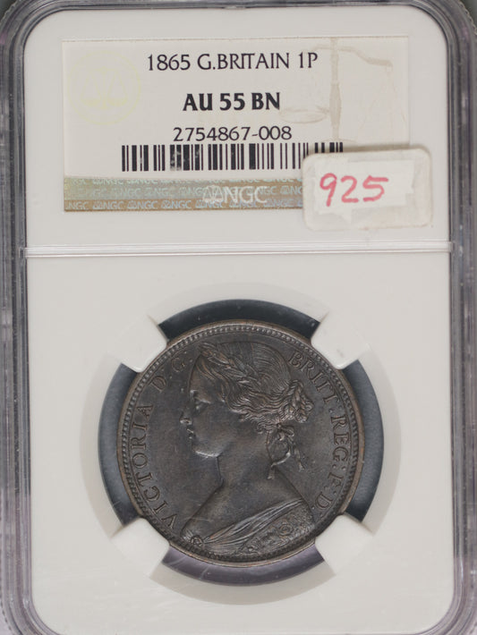 Great Britain 1865 Penny K-749.2 NGC AU55 BN