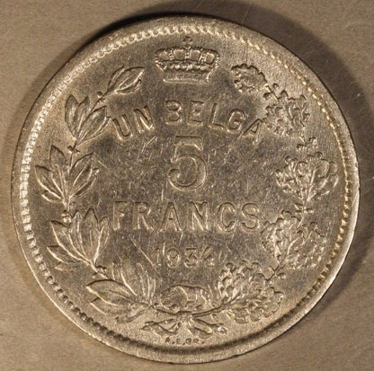 1934 Belgium 5 Francs Key Series Coin VF+  