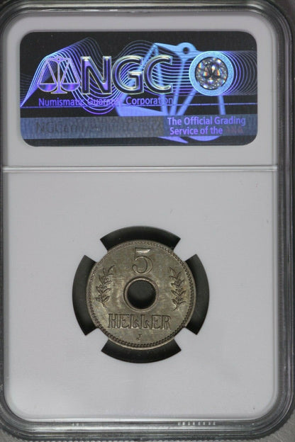 German East Africa 1914J 5 Heller   NGC MS62  Very Rare in UNC