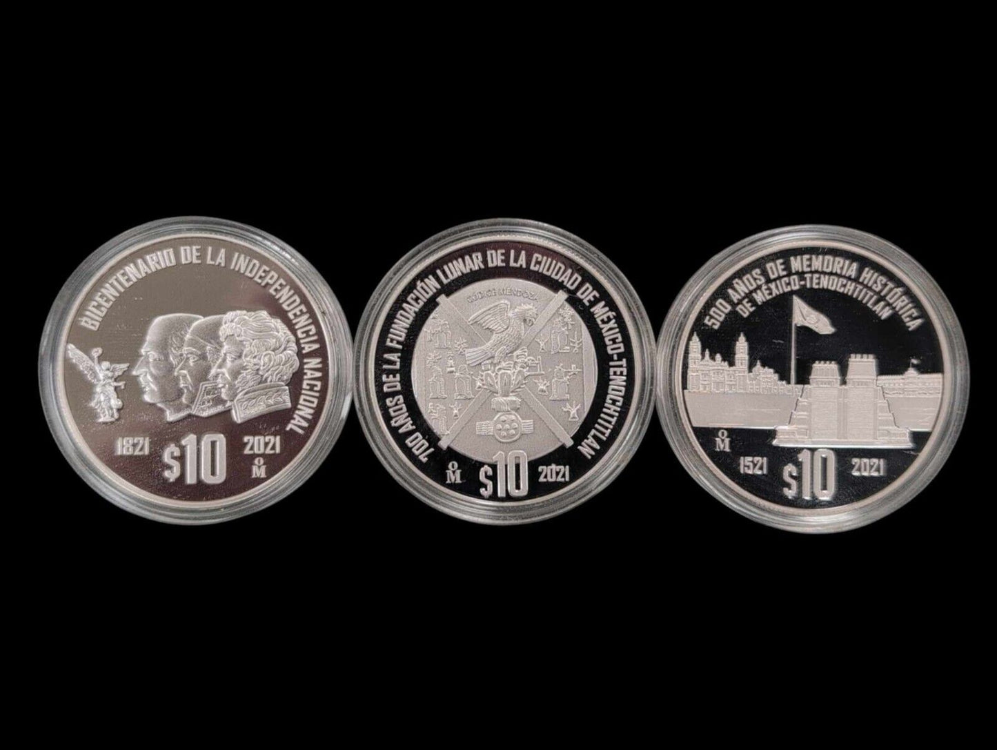 Mexico 2021 3 Pc Coin Set 10 Pesos Silver 200, 500, 700 Tenochtitlan in Capsules
