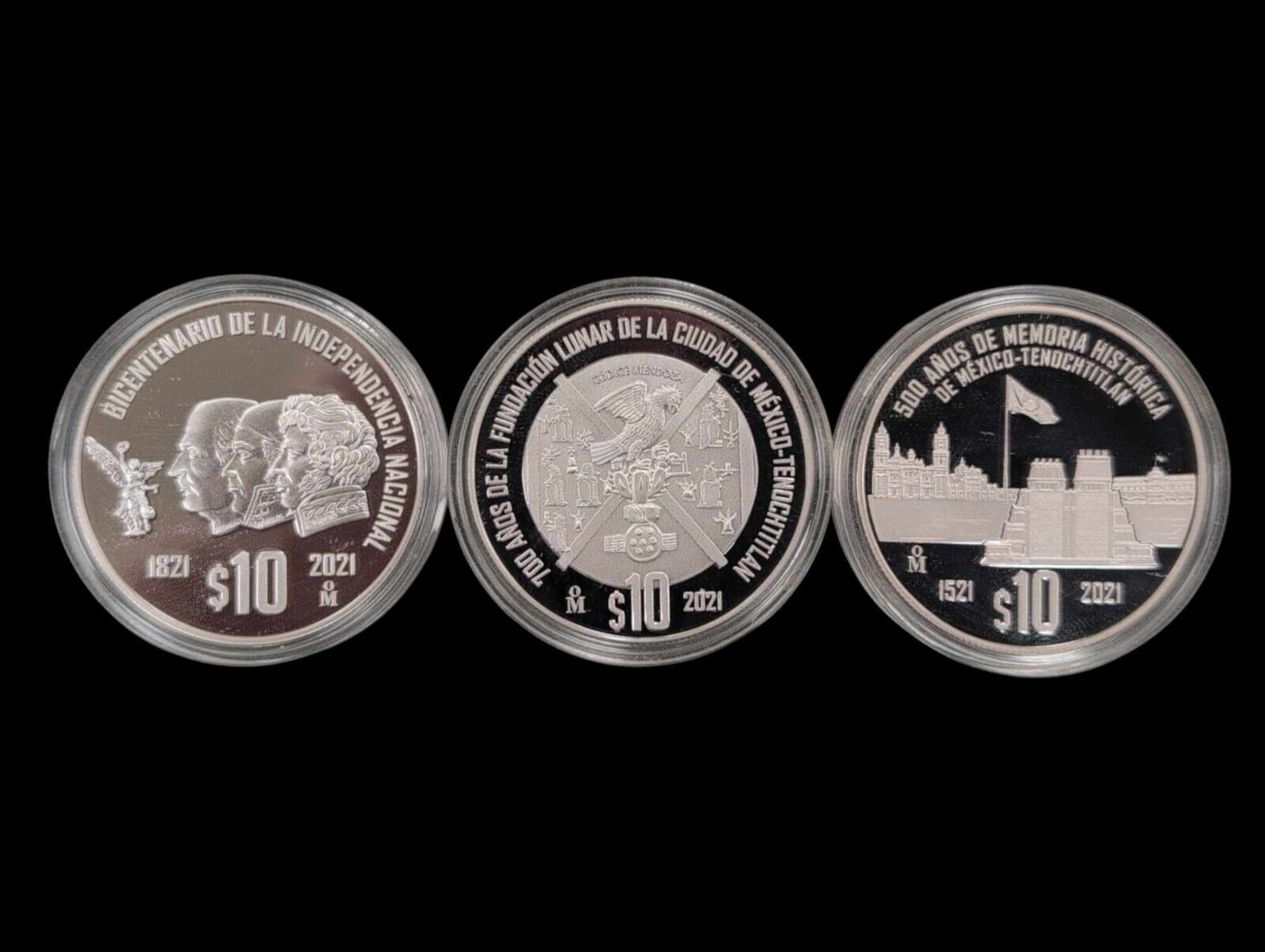 Mexico 2021 3 Pc Coin Set 10 Pesos Silver 200, 500, 700 Tenochtitlan in Capsules