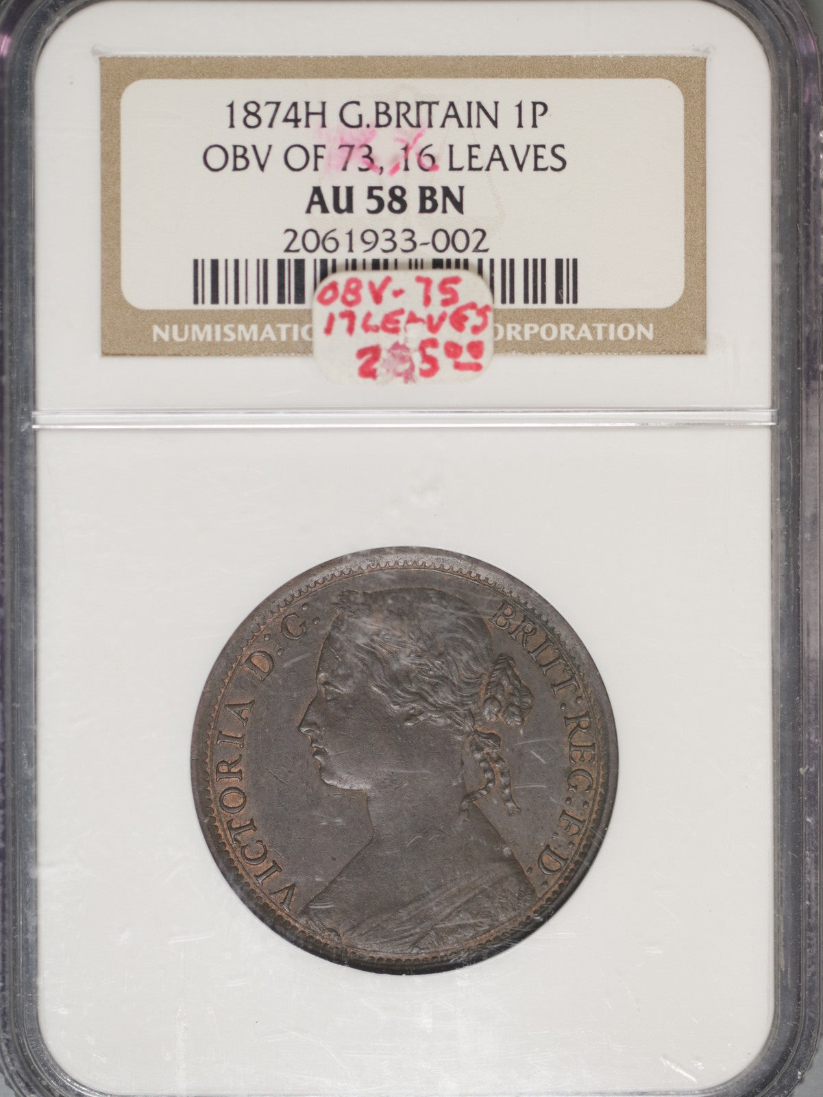 Great Britain 1874H Penny K-749.2 NGC AU58 BN OBV OF 73