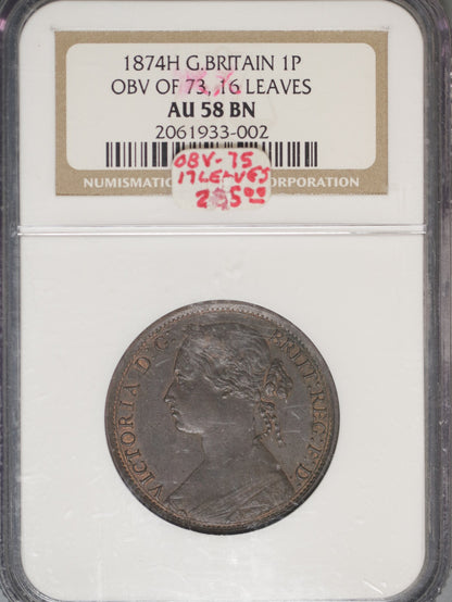 Great Britain 1874H Penny K-749.2 NGC AU58 BN OBV OF 73