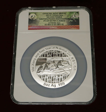 China 2014 5oz Silver Panda Smithsonian NGC PF 69 Ultra Cameo  B351