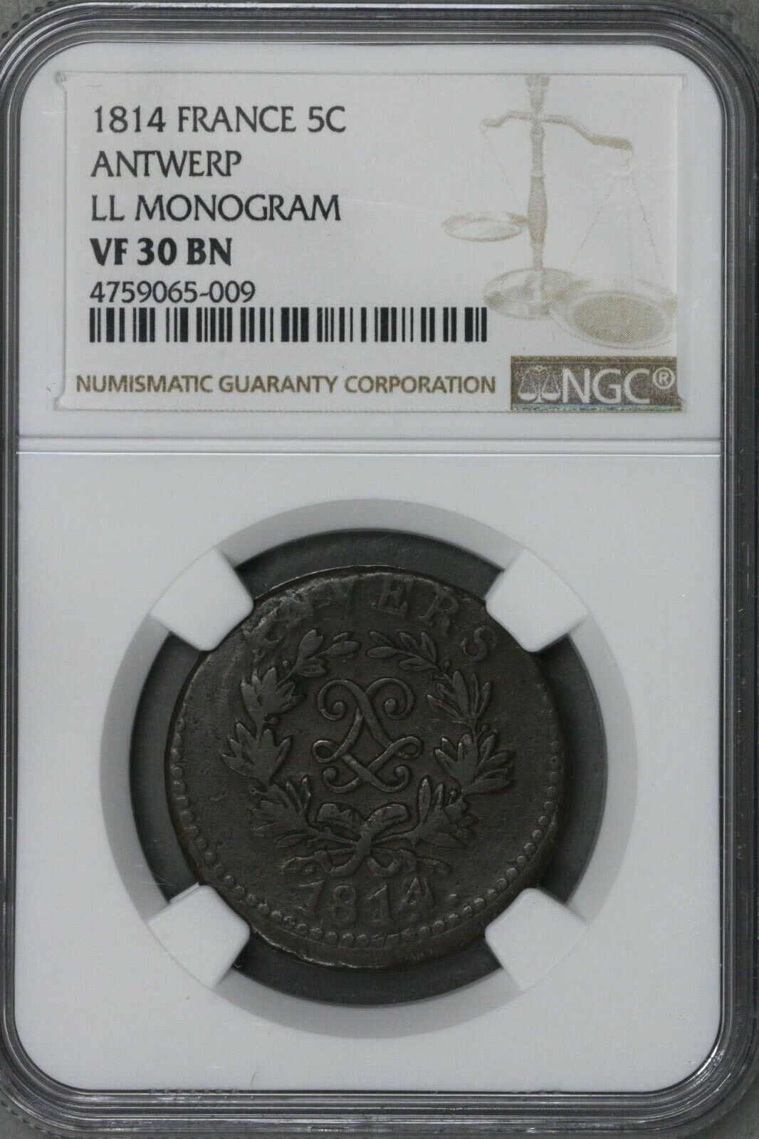 French States 1814 Antwerp 5 Centimes LL Monogram NGC VF 30 BN   S341