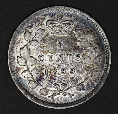 Canada 1899 Silver 5 Cents Blue Toned AU+  A3176