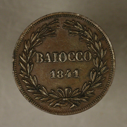 Papal States 1841 R Baioccho Gregory xvii brown unc