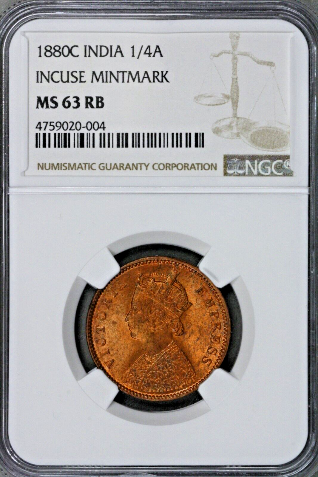 India 1880 C1/4 Anna Incuse Mintmark NGC MS 63 RB    S227