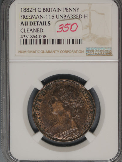 Great Britain 1882H Penny K-755 NGC AU Details Cleaned UNBARRED H