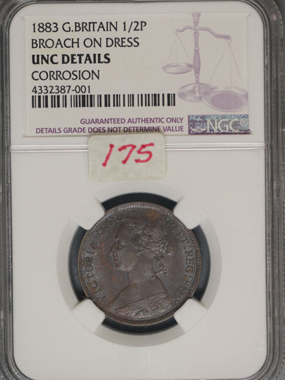 Great Britain 1883 1/2 Penny K-754 NGC UNC DETAILS CORROSION BROACH