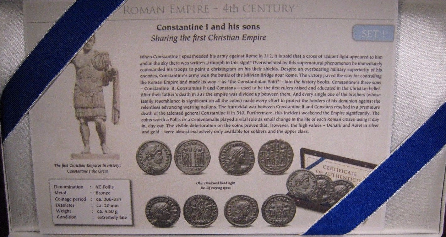 Roman Empire 4th Century 4 AE Follis Bronze Coins w/Box 