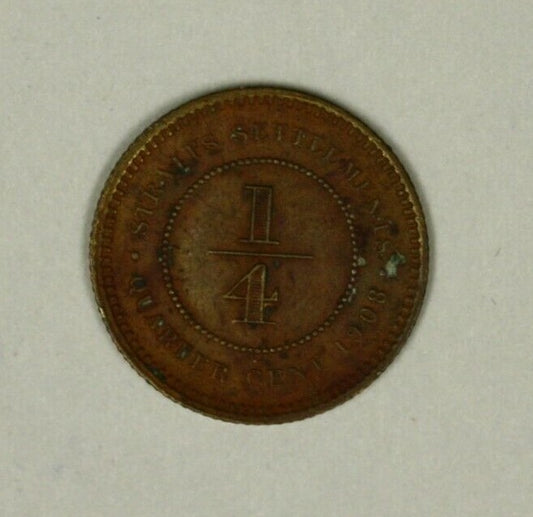 Straits Settlements 1/4 Cent  1908  XF  A878