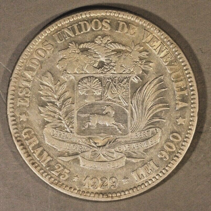 1929 Venezuela 5 Bolivares Silver Higher Grade Example 