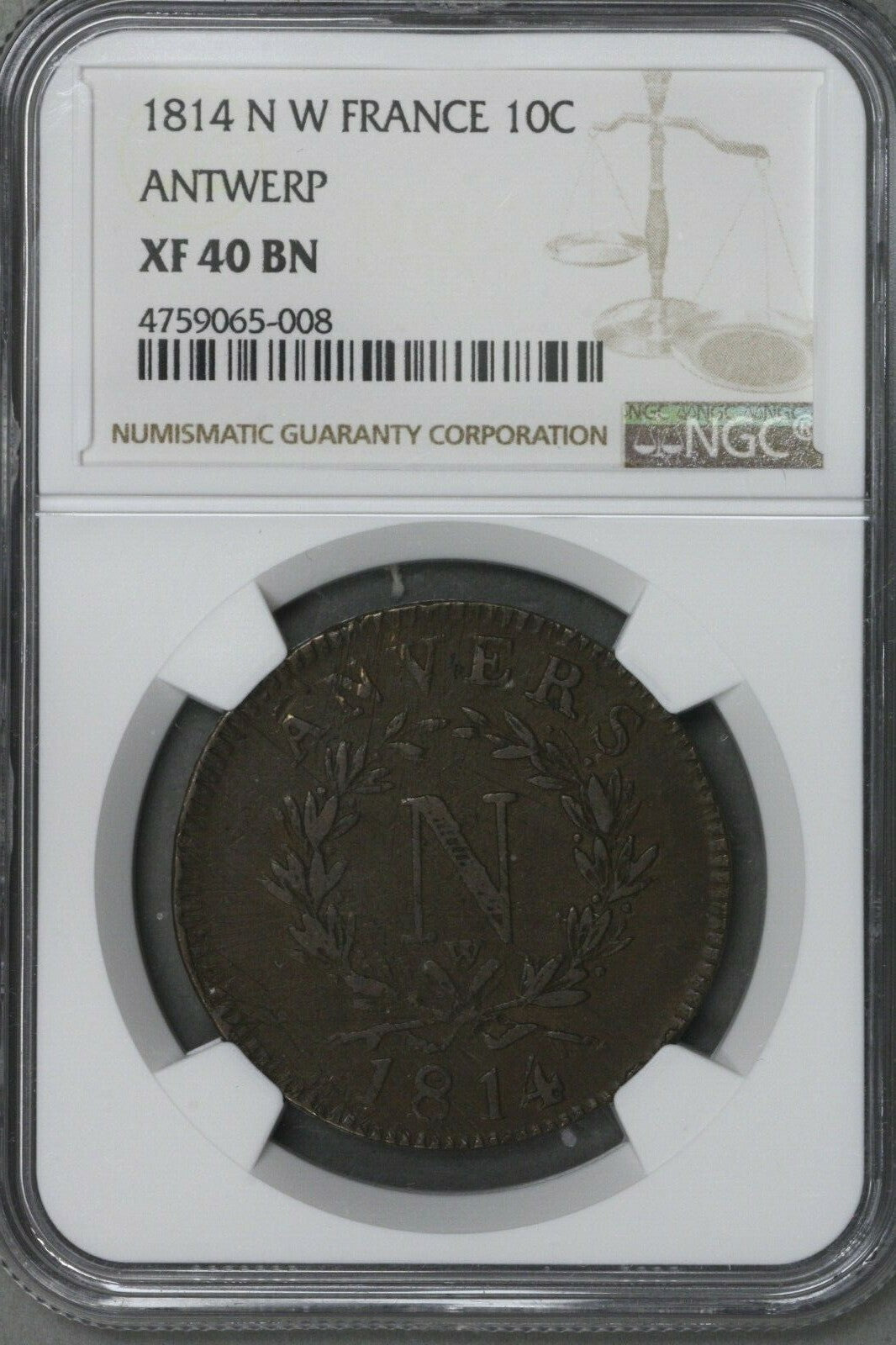 French States 1814 W Antwerp 10 Centimes NGC XF 40 BN   S342