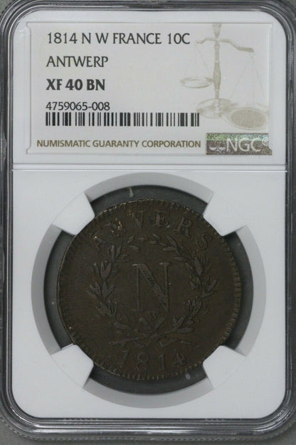 French States 1814 W Antwerp 10 Centimes NGC XF 40 BN   S342