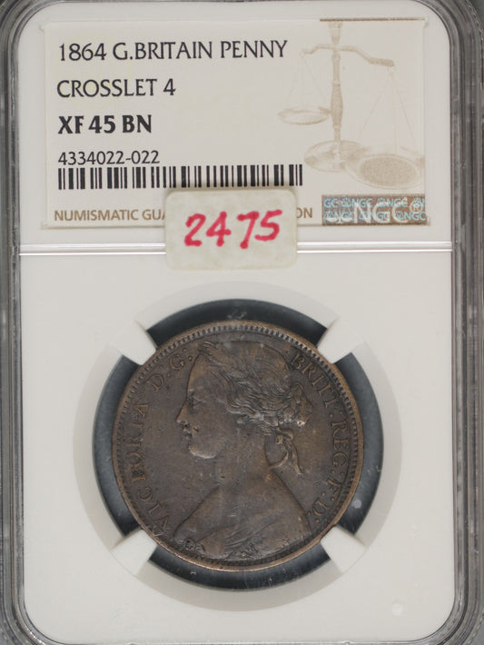 Great Britain 1864 Penny K-749.2 NGC XF45 BN CROSSLET 4  KEY