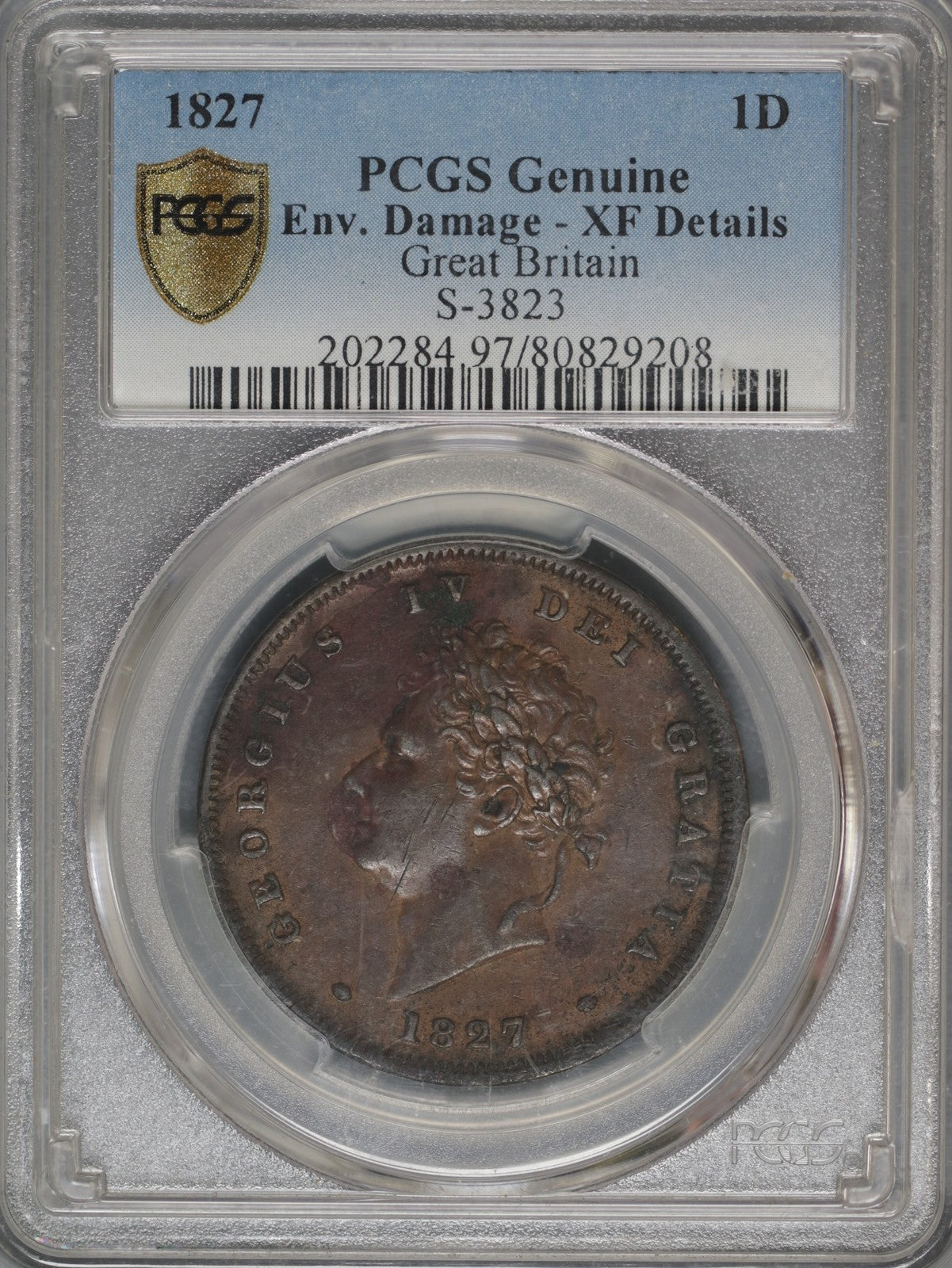 Great Britain 1827 Penny K-693 PCGS XF DETAILS ENV. DAMAGE