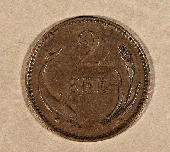 1892 CS Denmark 2 Ore Circulated Details Key Date   