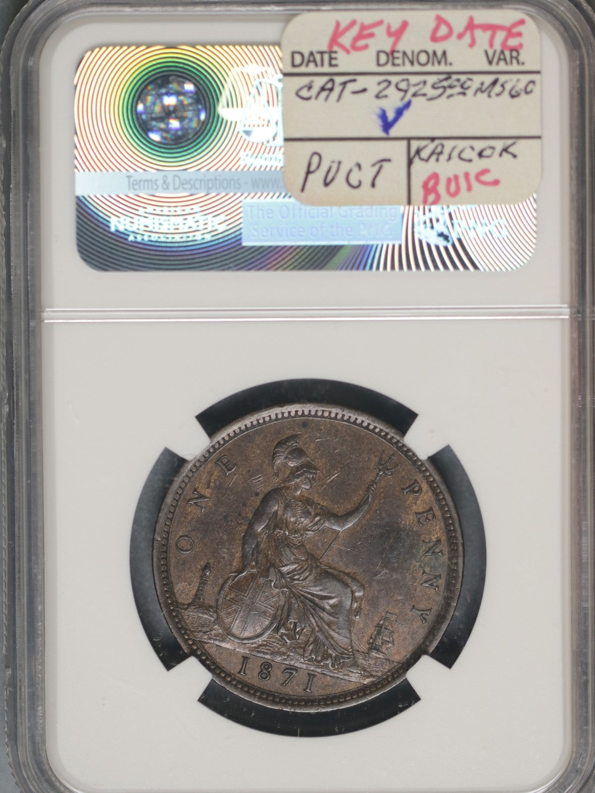 Great Britain 1871 Penny K-749.2 NGC AU55 BN KEY DATE