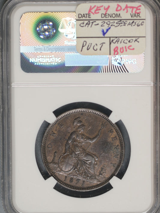 Great Britain 1871 Penny K-749.2 NGC AU55 BN KEY DATE