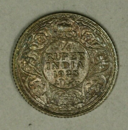 British India Silver 1/4 Rupee 1928-B  Choice UNC some colorful toning A2308