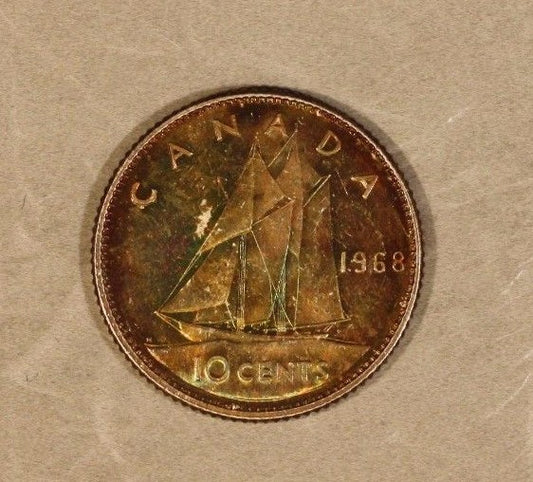 1968 Canada 10 Cents Silver Colorfully Toned Piece ! 