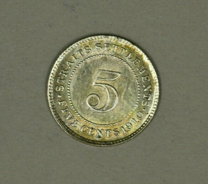 Straits Settlements Silver 5 Cents 1910  AU/UNC   A886