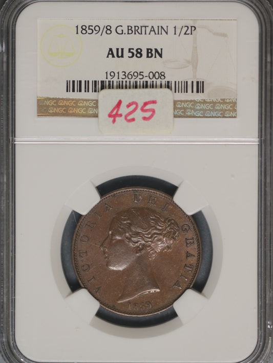 Great Britain 1859/8 1/2 Penny K-726 NGC AU58 BN