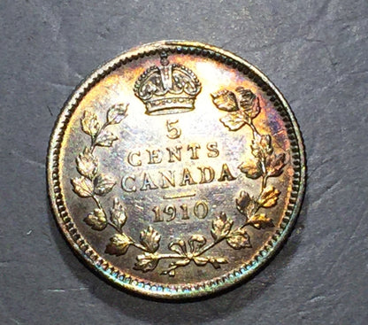 CANADA 1910 5 Cents RAINBOW TONED  KM-13    