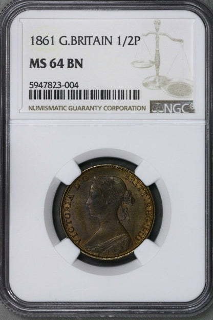 Great Britain 1861 1/2 Penny NGC MS64 BN  S687