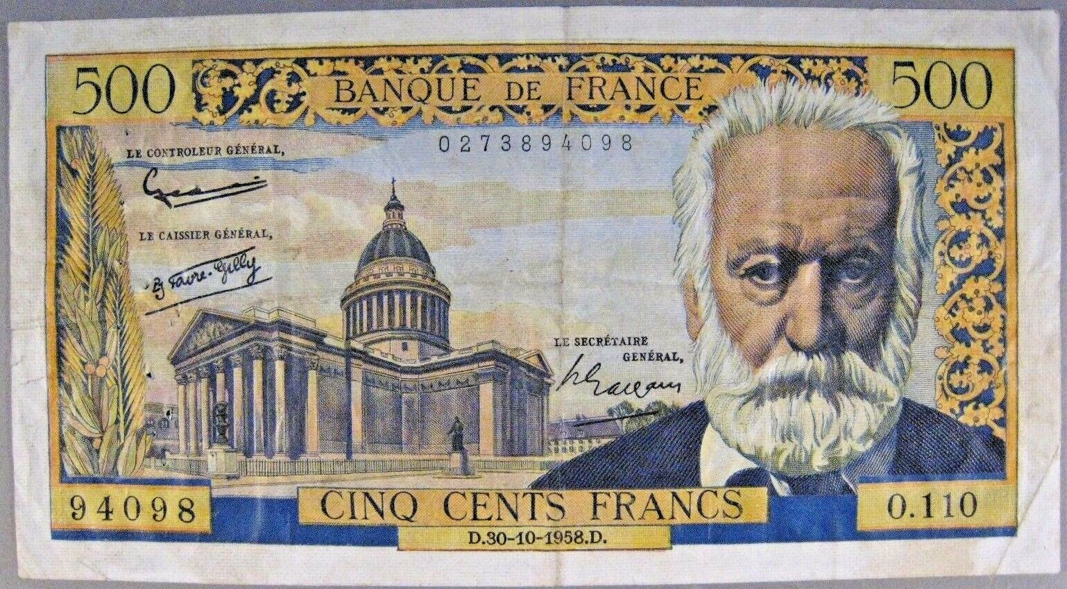 1958 France, Bank of, 500 Francs    