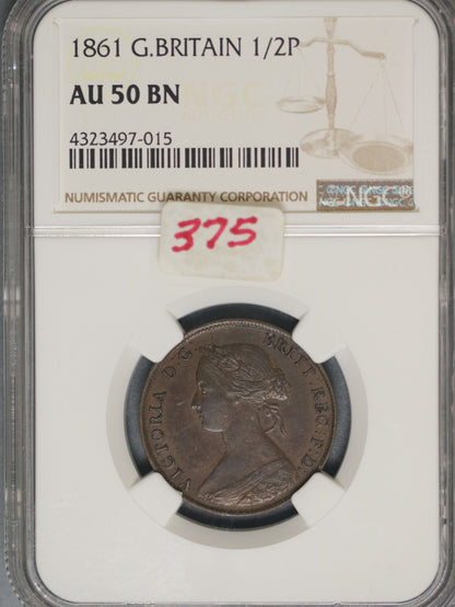 Great Britain 1861 1/2 Penny K-748.2 NGC AU50 BN