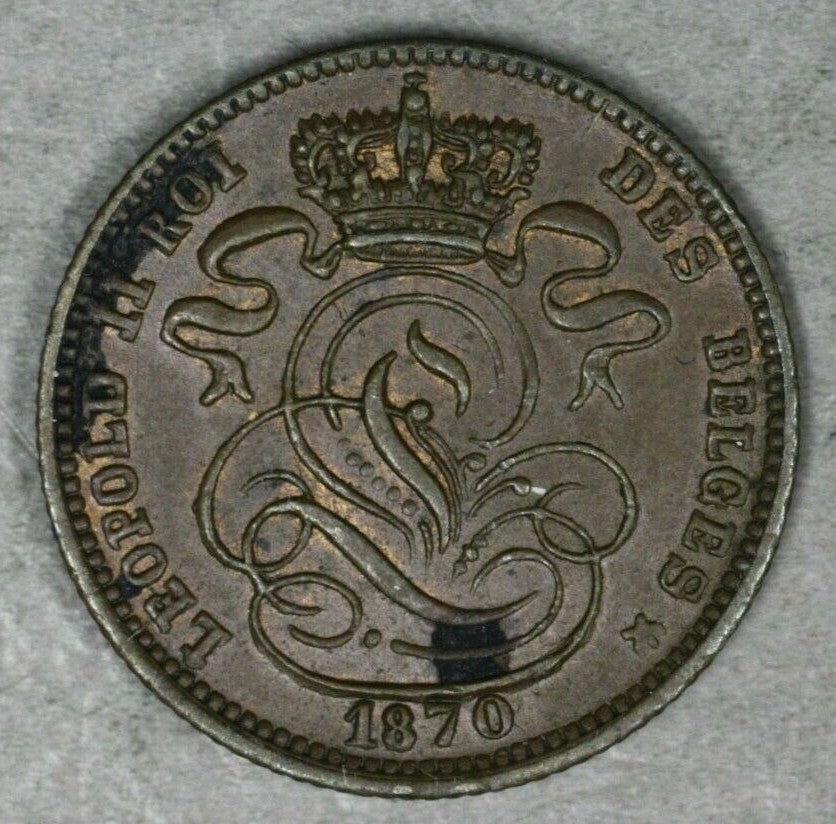 Belgium 1870 Centime Brown UNC Dark Spots on Reverse