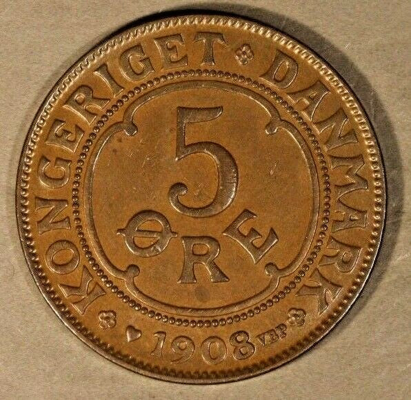 1908 Denmark 5 Ore Choice Brown High Grade    