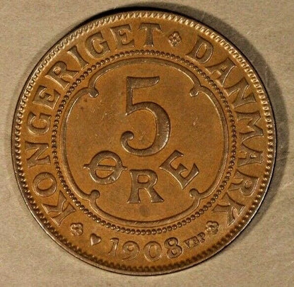 1908 Denmark 5 Ore Choice Brown High Grade    