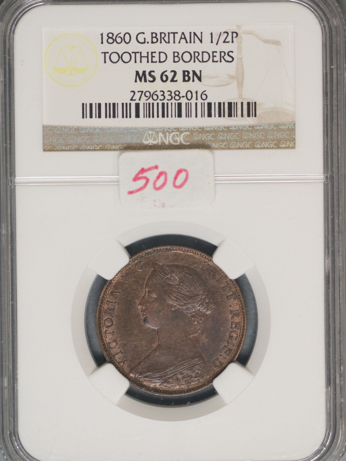 Great Britain 1860 1/2 Penny K-748.2 NGC MS62 BN Toothed